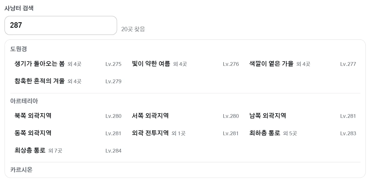 사냥터 검색 칸에 287을 넣어 맞는 사냥터만 남긴 목록